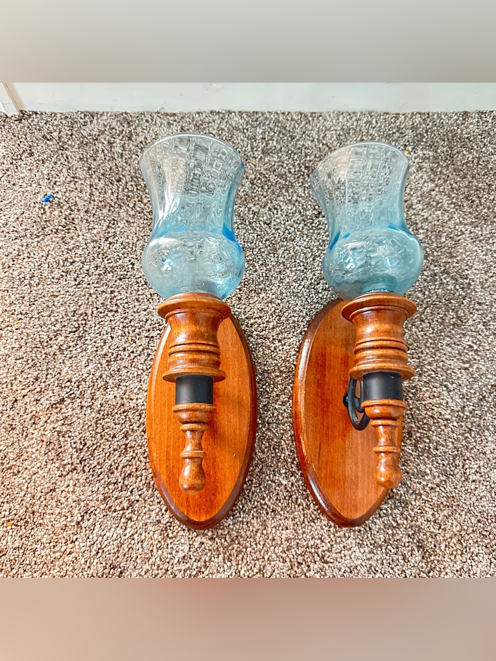 Vintage wood wall candle sconces with blue glass set of 2